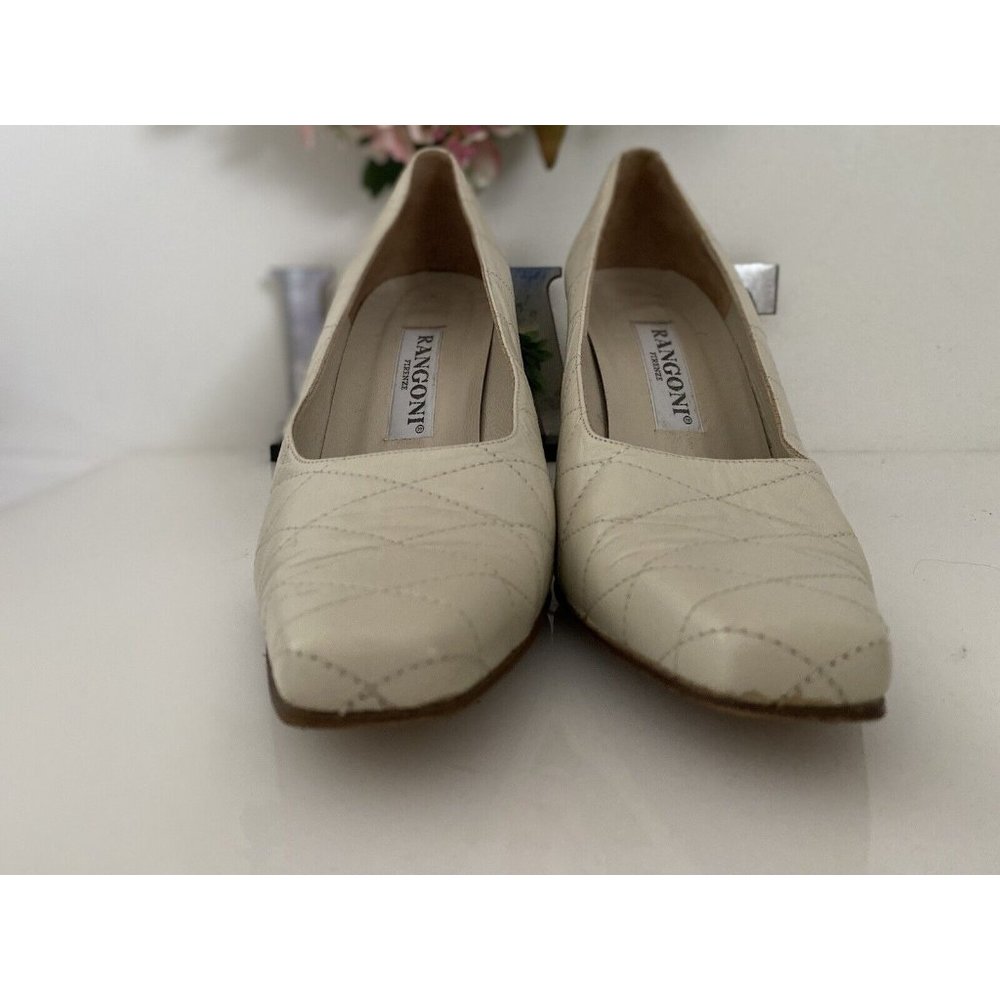 Rangoni Firenze Leather Block Heel Pumps 7B Off White Stitched Slip On Italy EUC - Picture 12 of 12